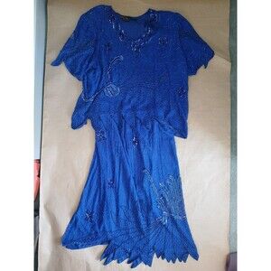 Vintage 1980s Gold Star Beaded Silk Blouse & Skirt Set Womens 3X Blue Evening